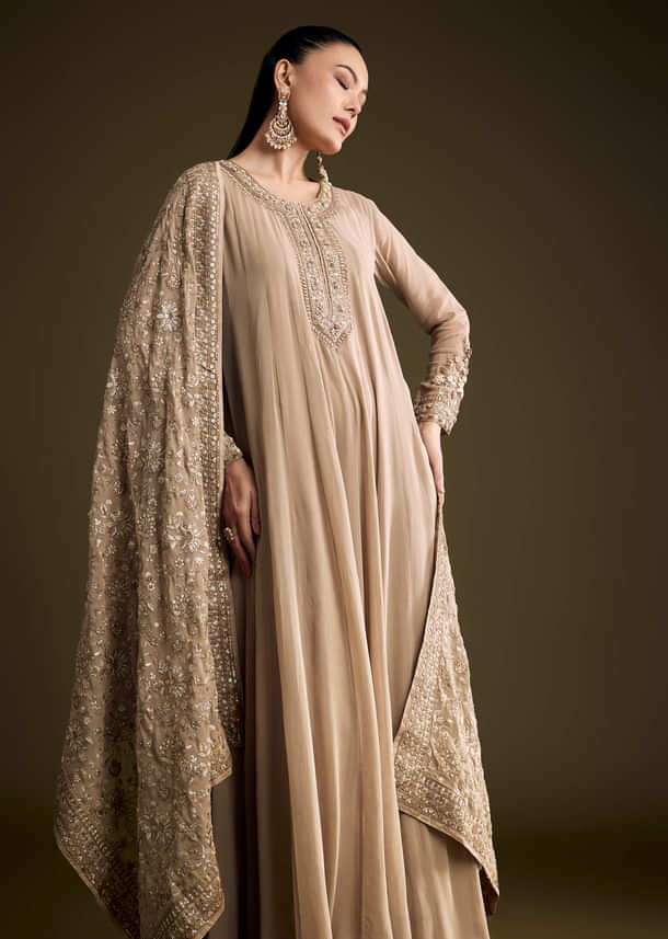 Beige Georgette Anarkali Suit With Thread And Sequins Embroidery Beige Georgette Anarkali Suit With Thread And Sequins Embroidery