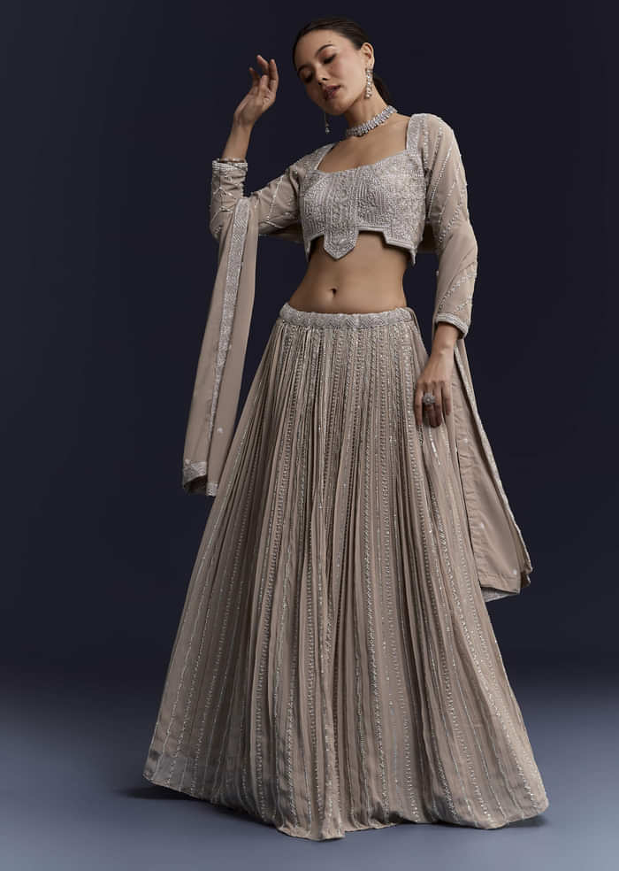 Beige Georgette Bridesmaid Lehenga Set With Sequin Embroidery