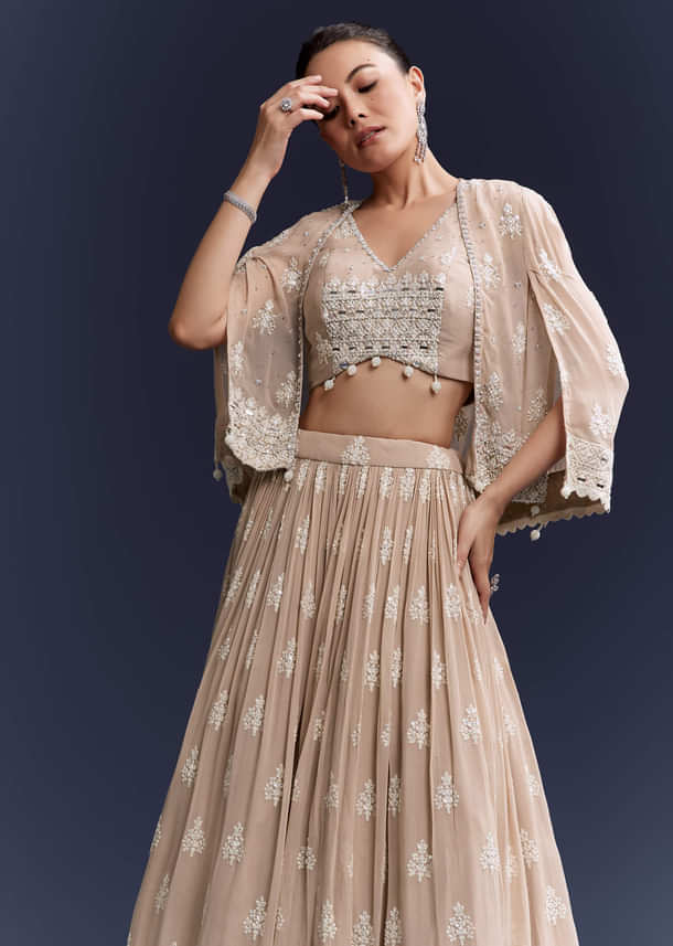 Beige Georgette Bridesmaid Lehenga With Thread And Sequins Work Beige Georgette Bridesmaid Lehenga With Thread And Sequins Work