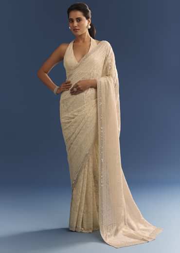 Beige Georgette Chikankari Saree With Stone And Cutdana Work