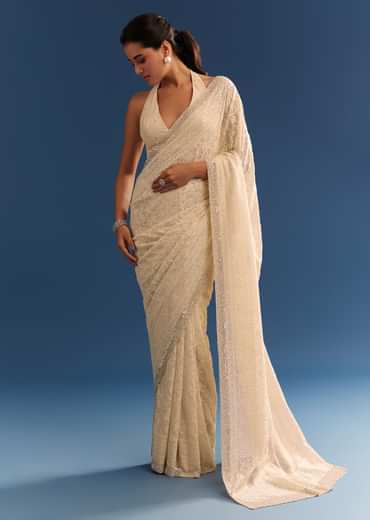 Beige Georgette Chikankari Saree With Stone And Cutdana Work