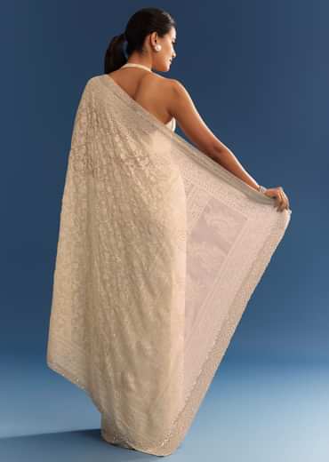 Beige Georgette Chikankari Saree With Stone And Cutdana Work