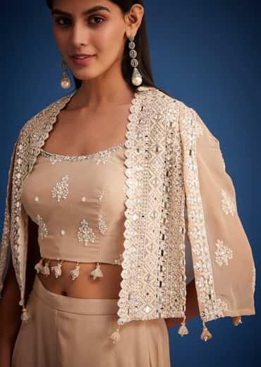 Beige Georgette Embroidered Cape Palazzo Set