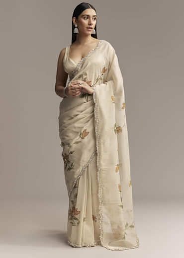 Beige Georgette Tissue Saree With Painted Florals And Sequin Embroidery