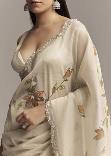 Beige Georgette Tissue Saree With Painted Florals And Sequin Embroidery
