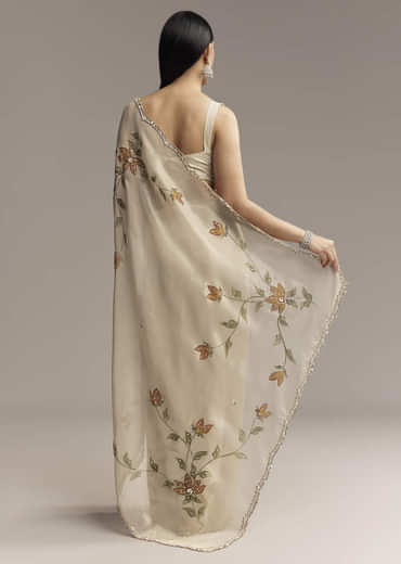 Beige Georgette Tissue Saree With Painted Florals And Sequin Embroidery
