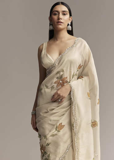 Beige Georgette Tissue Saree With Painted Florals And Sequin Embroidery