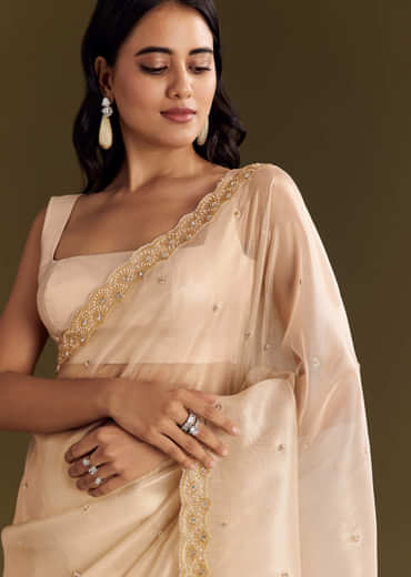 Beige Glass Tissue Saree With Cutdana And Beads Scallop Border
