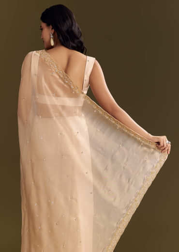 Beige Glass Tissue Saree With Cutdana And Beads Scallop Border