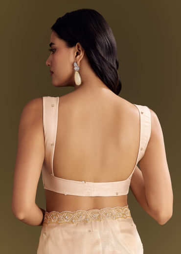 Beige Glass Tissue Saree With Cutdana And Beads Scallop Border