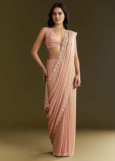Beige Glass Tissue Saree With Moti Cutdana And Sequins Embroidery And Scallop Border