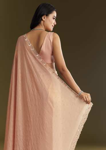 Beige Glass Tissue Saree With Moti Cutdana And Sequins Embroidery And Scallop Border
