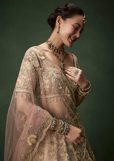 Beige Gold Bridal Raw Silk Lehenga Set with Two Dupattas