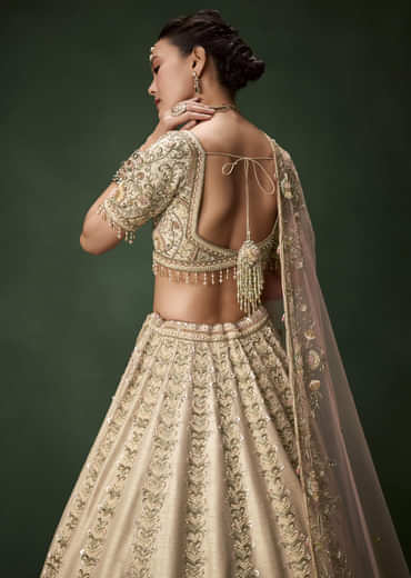 Beige Gold Bridal Raw Silk Lehenga Set with Two Dupattas