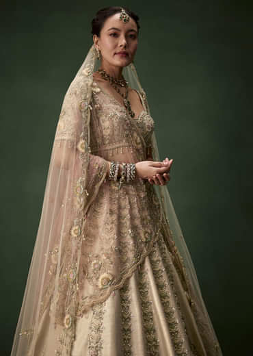 Beige Gold Bridal Raw Silk Lehenga Set with Two Dupattas