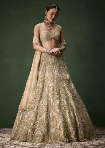 Beige Gold Heavy Work Bridal Lehenga Set with Two Dupattas