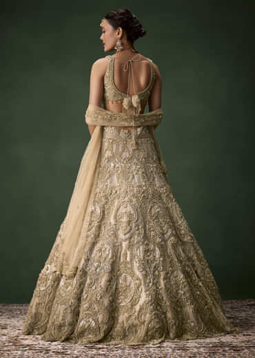 Beige Gold Heavy Work Bridal Lehenga Set with Two Dupattas