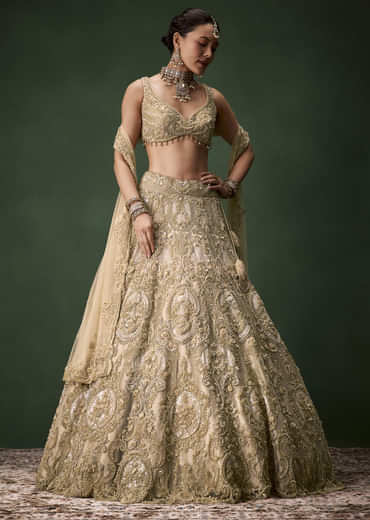 Beige Gold Heavy Work Bridal Lehenga Set with Two Dupattas