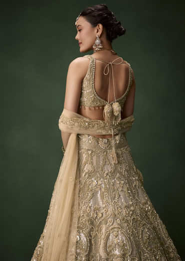 Beige Gold Heavy Work Bridal Lehenga Set with Two Dupattas