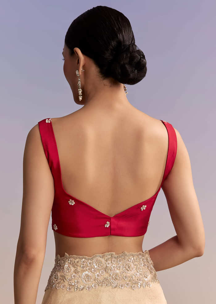 Beige Gold Jacquard Saree With Cutwork Floral Embroidery