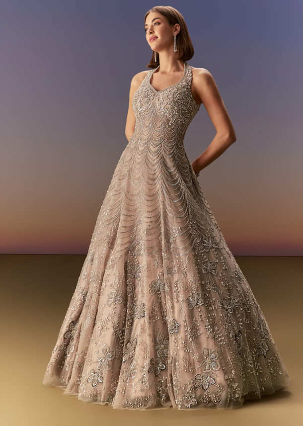 Beige Gown With All Over Sequin Bead And Cut Dana Embroidery