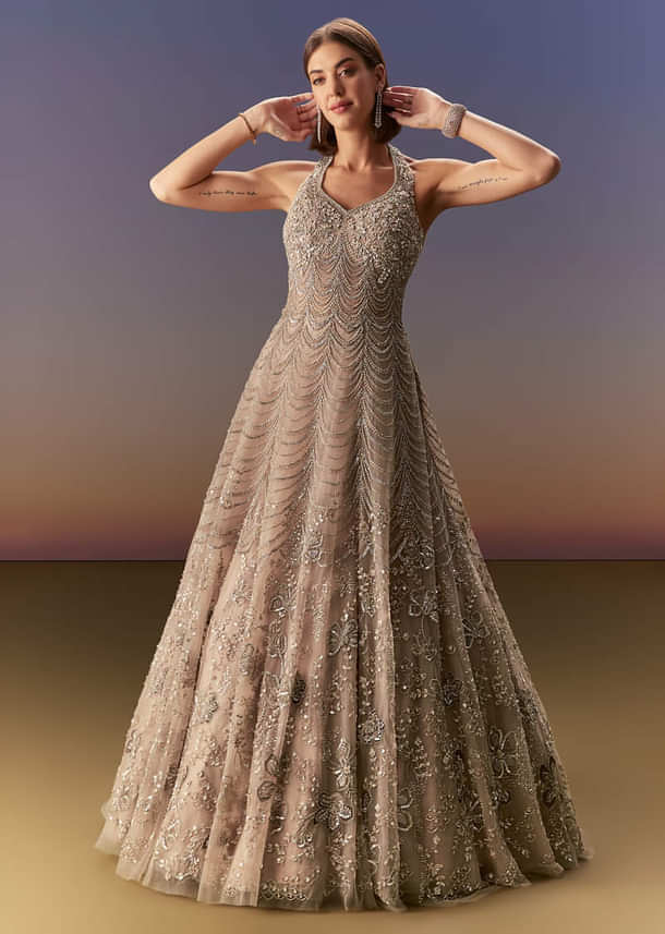 Beige Gown With All Over Sequin Bead And Cut Dana Embroidery
