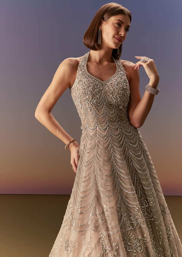 Beige Gown With All Over Sequin Bead And Cut Dana Embroidery