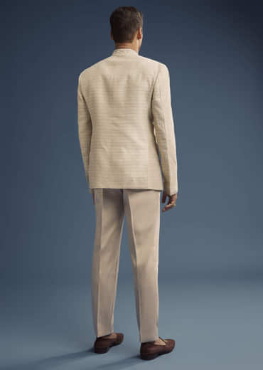 Beige Jacquard Jodhpuri Suit For Men With Hand Embroidery