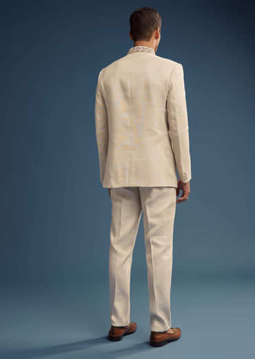 Beige Jacquard Jodhpuri Suit For Men With Pashmina Dupatta