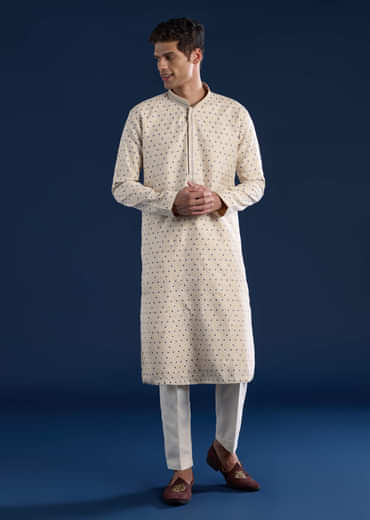 Beige Jacquard Mens Kurta and Pant Set