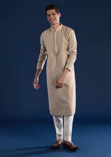 Beige Jacquard Mens Kurta Set