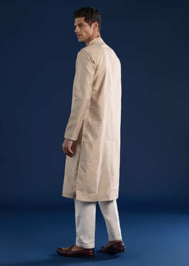 Beige Jacquard Mens Kurta Set