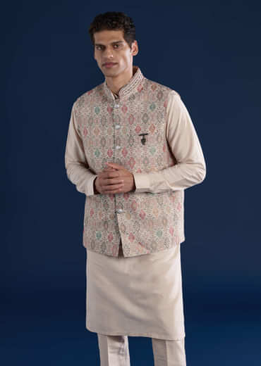 Beige Jacquard Silk Embroidered Jacket Kurta Set
