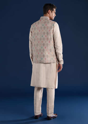 Beige Jacquard Silk Embroidered Jacket Kurta Set