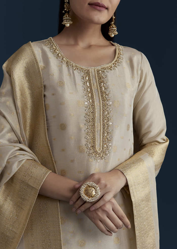 Beige Jacquard Weave Tissue Kurta Palazzo Set