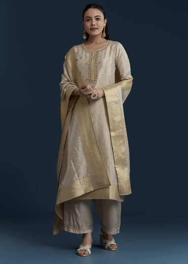 Beige Jacquard Weave Tissue Kurta Palazzo Set
