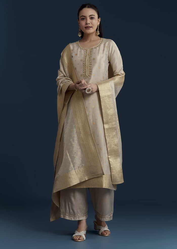 Beige Jacquard Weave Tissue Kurta Palazzo Set