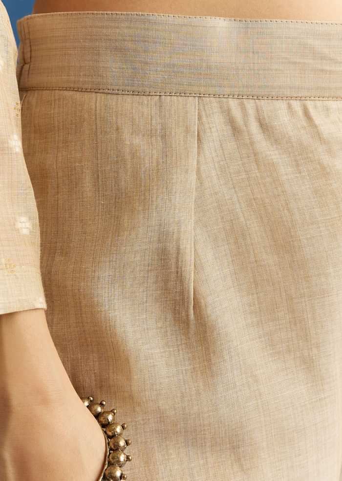 Beige Jamdani Anarkali Set With Thread Work Yoke And Floral Dupatta