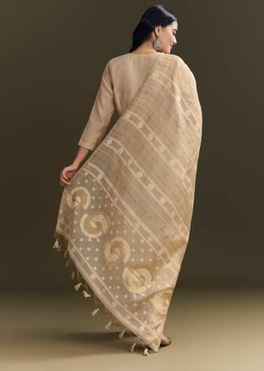 Beige Jamdani Cotton Kurta Pant Set With Zari Dupatta
