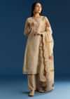 Beige Jamdani Cotton Kurta Set With Thread Work And Block Print Dupatta