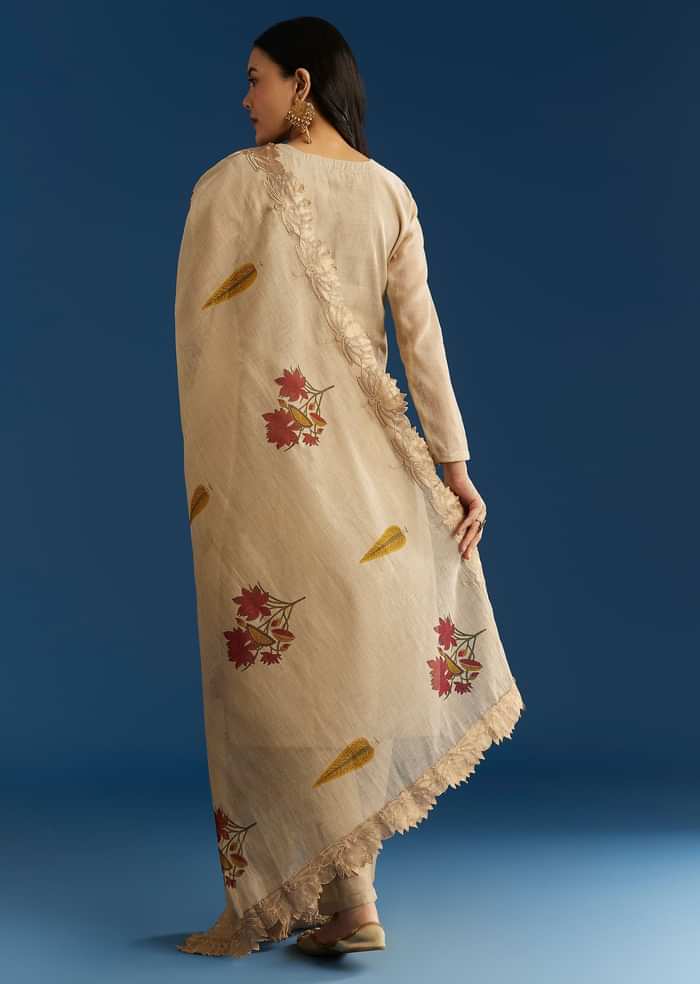 Beige Jamdani Cotton Kurta Set With Thread Work And Block Print Dupatta