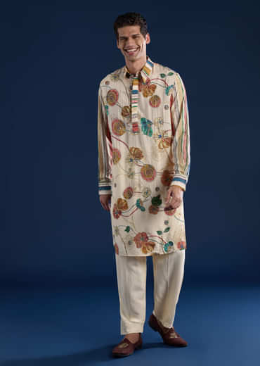 Beige Kalamkari Print Mens Kurta and Pant Set