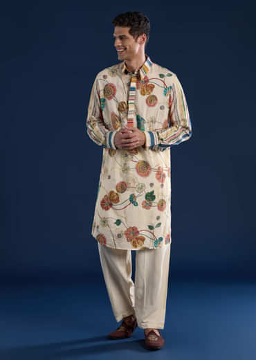 Beige Kalamkari Print Mens Kurta and Pant Set