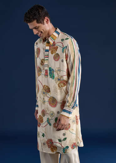 Beige Kalamkari Print Mens Kurta and Pant Set