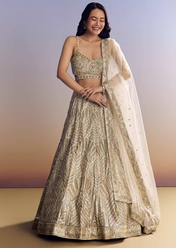 Beige Lehenga Set With Sequins Cut Dana Work