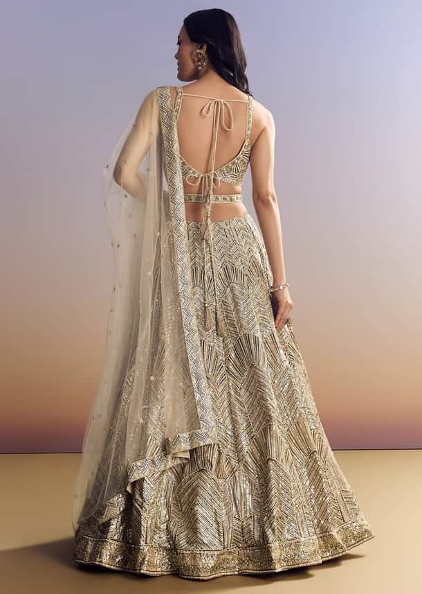 Beige Lehenga Set With Sequins Cut Dana Work