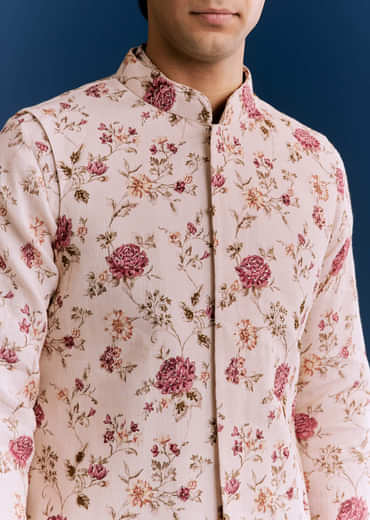 Beige Linen Kurta Jacket Set With Sequins And Thread Embroidery