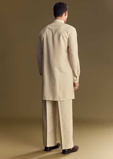 Beige Linen Kurta Set With Delicate Hand Embroidery