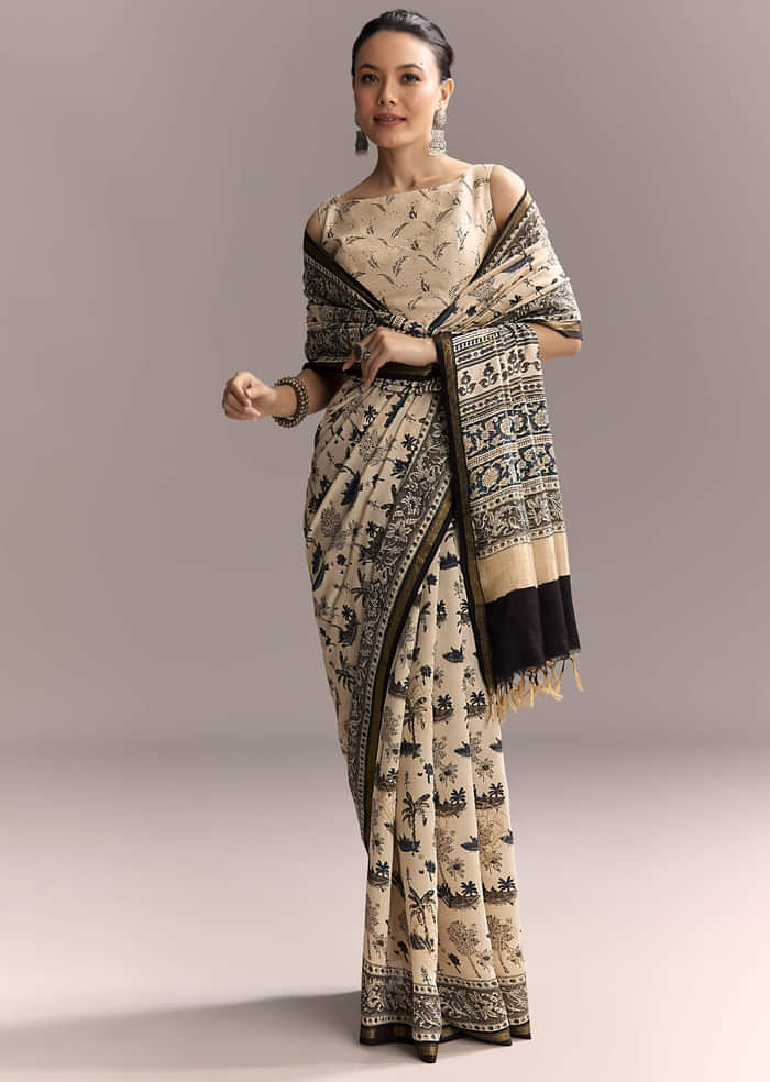 Beige Linen Saree With Black Hand Block Ajrakh Floral Print