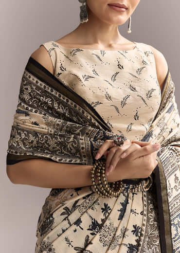 Beige Linen Saree With Black Hand Block Ajrakh Floral Print